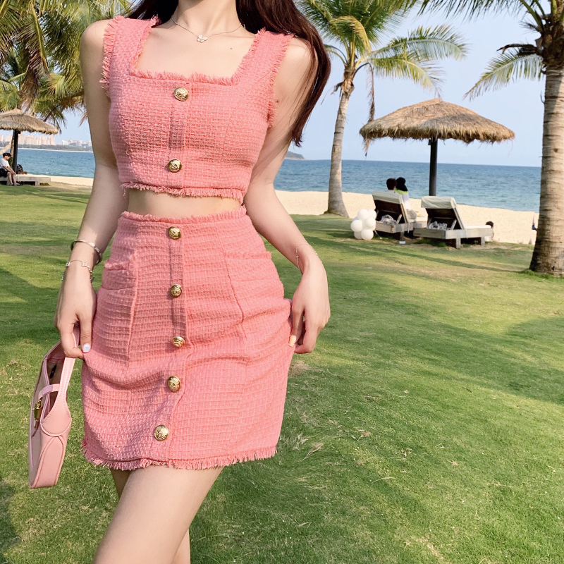 Summer 2022 New Fashion Elegant Women’s Suit with Skirt Sweet Sexy Camisole Vest Sleeveless Short Tops and Skirts 2 Piece Set alx