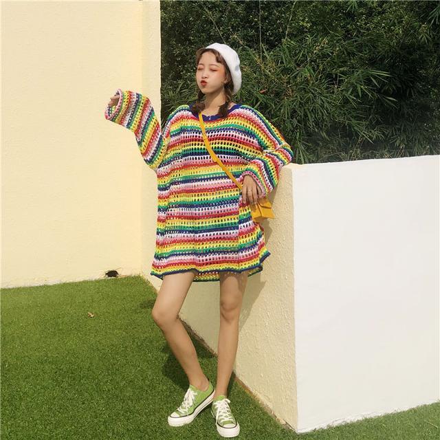 Sweaters Women Chic Rainbow Striped Ulzzang Lovely Trendy Ladies Knitwear Ins Preppy Hollow Out Design Harajuku Friends Sweater alx