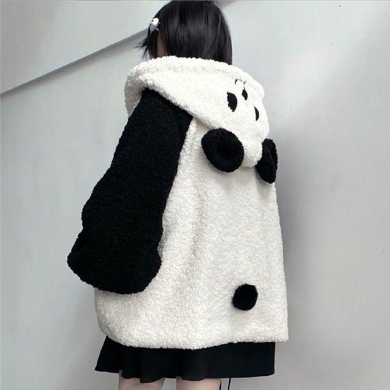 Winter Kawaii Hoodies Women Panda Ears Hooded Sweatshirt Plush Balls Zip-up Loose Cute Sudadera Teenager School Girls JK Clothes alx