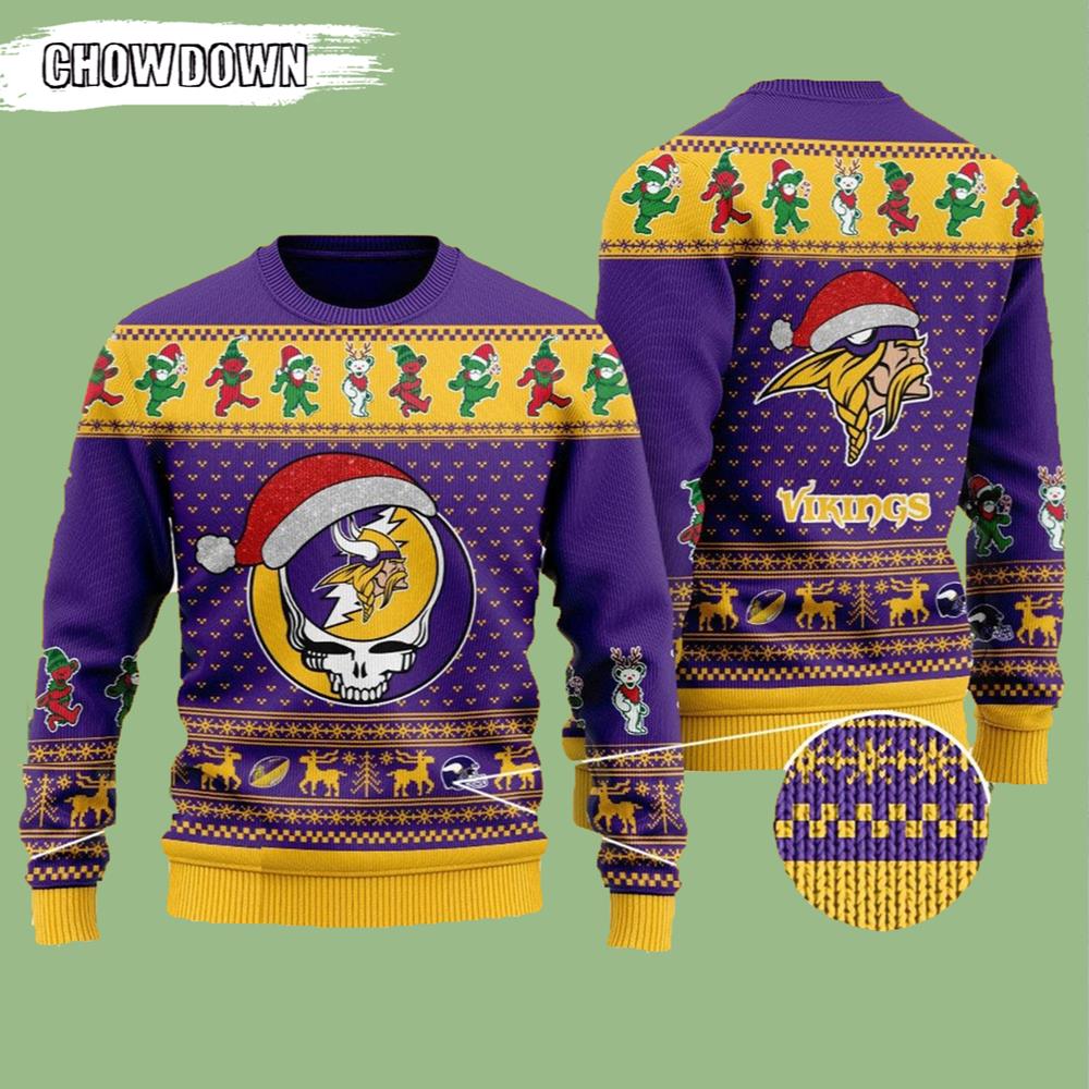 Minnesota Vikings Gift For Fan Ugly Wool Sweater Christmas Grateful Dead Skull And Bears