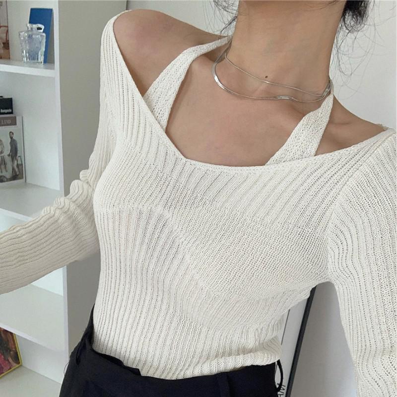 Tonngirls Fake Two-piece T-shirt Long Sleeve Halter Black Tops Knit Slim Sweater Tops Women Autumn Spring Sexy Female Tee Tops alx