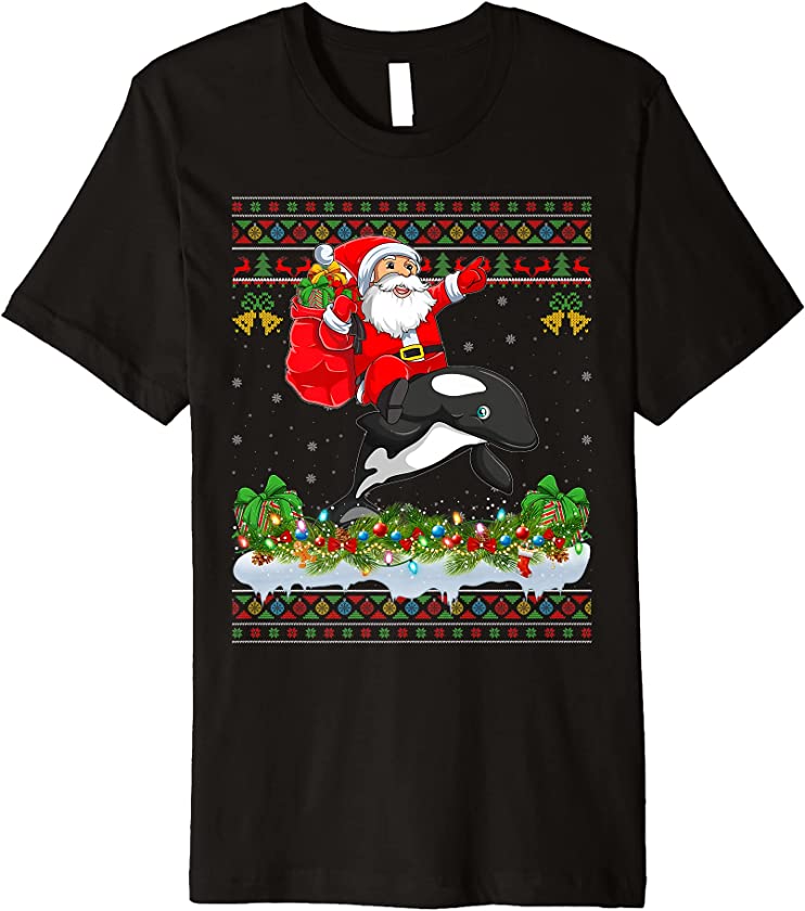 Killer Whale Xmas Ugly Santa Riding Killer Whale Christmas Premium T-Shirt