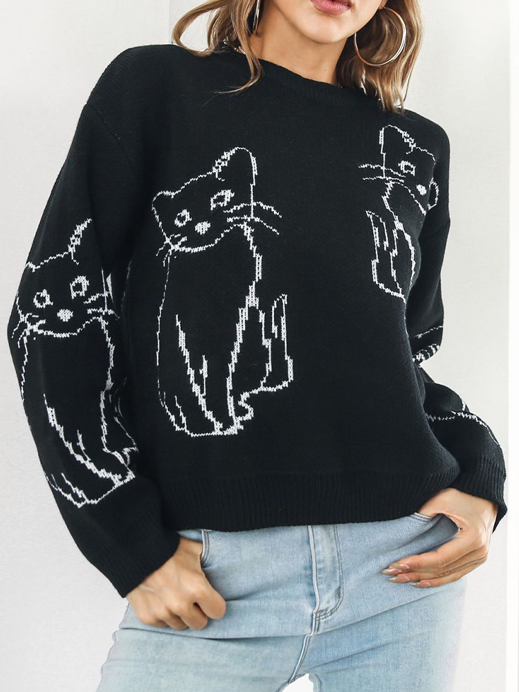 Winter Cat Print Pullover Women Casual Cartoon Knitted Sweater Loose Long Sleeve Knitwear Female Elegant Fashion Warm Jumper alx