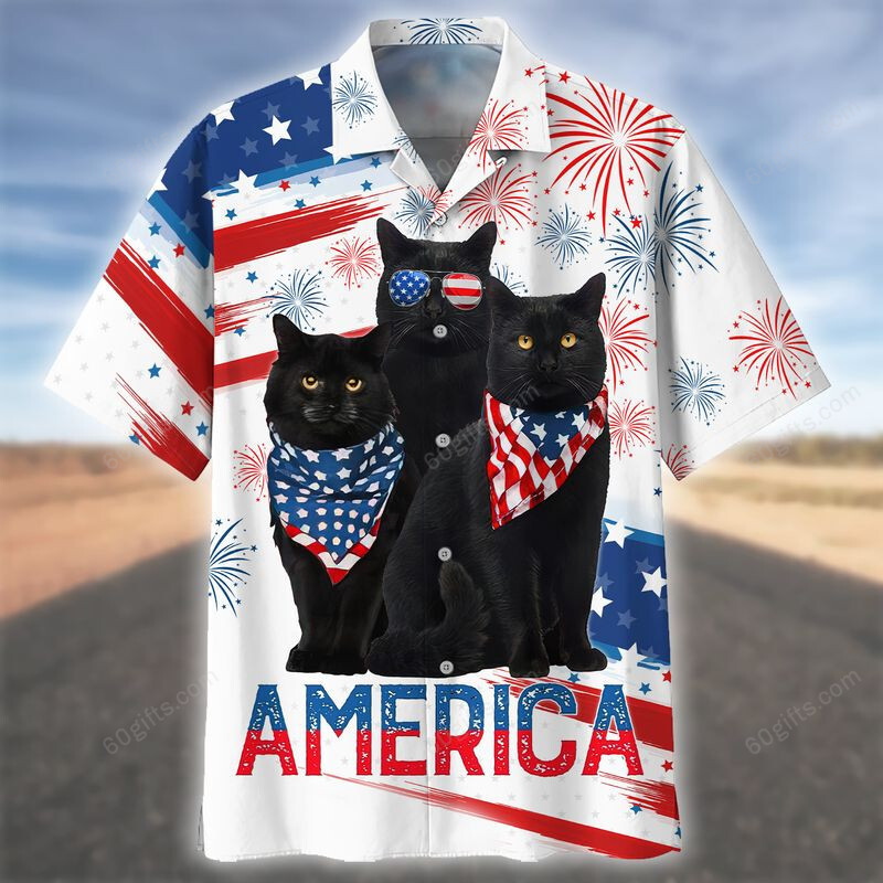 3D Hawaiian Shirt, Hoodie, Zip Hoodie, Hoodie Dress, Sweatshirt Black Cat Independence Day Usa All Over Print