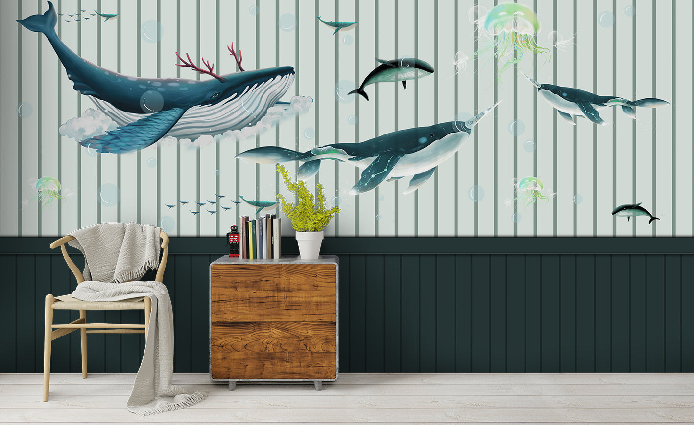 3D Watercolor Blue Whale Wall Mural Wallpaper 38