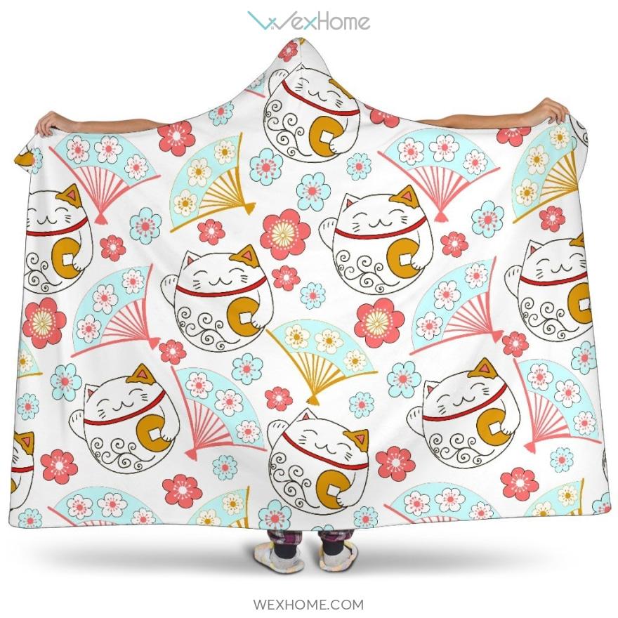 Maneki Neko Lucky Cat Fan Sakura Hooded Blanket