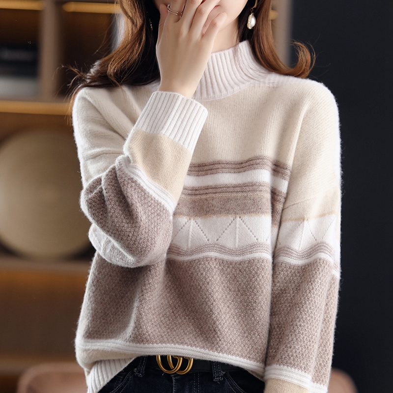 Autumn And Winter New Loose Half Turtleneck Color Matching % Wool Women’s Long-Sleeved Pullover Retro Knitted Sweater Lazy Style alx