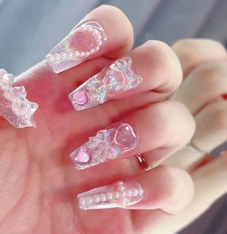 Pink Bling Glitter Cute Press On Nails/ Bear heart and bowtie Rhinestone Nails/ Lolita Nails/ Cute Fake Nails/Kawaii False Nails #1