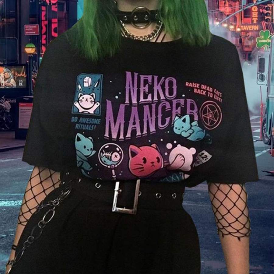 Neko Mancer T-Shirt Unisex Cute Aesthetic Grunge Black Tee Satantic Gothic Clothing Witch Shirt