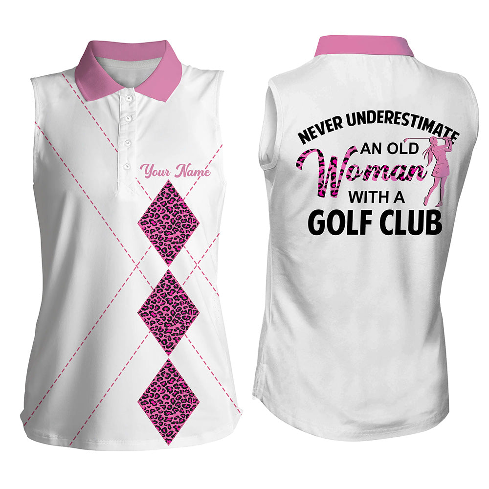 White Pink Leopard Womens Sleeveless Polo Shirt, Custom Never Underestimate Old Women With A Golf Club