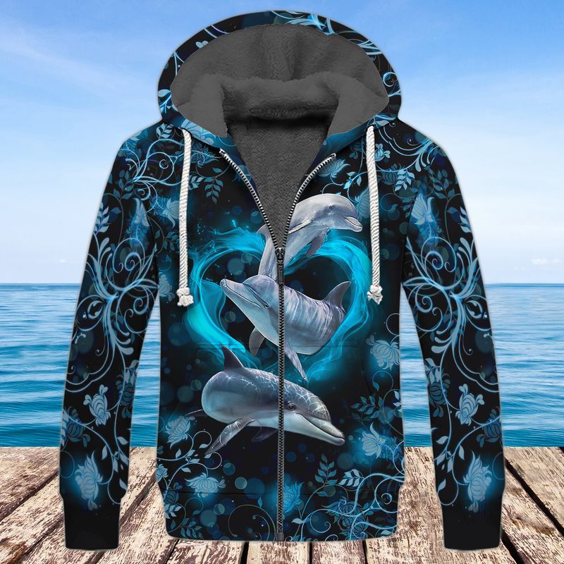 Blue Dolphin Black Ocean Trending 3D Full Print Fleece Zipper