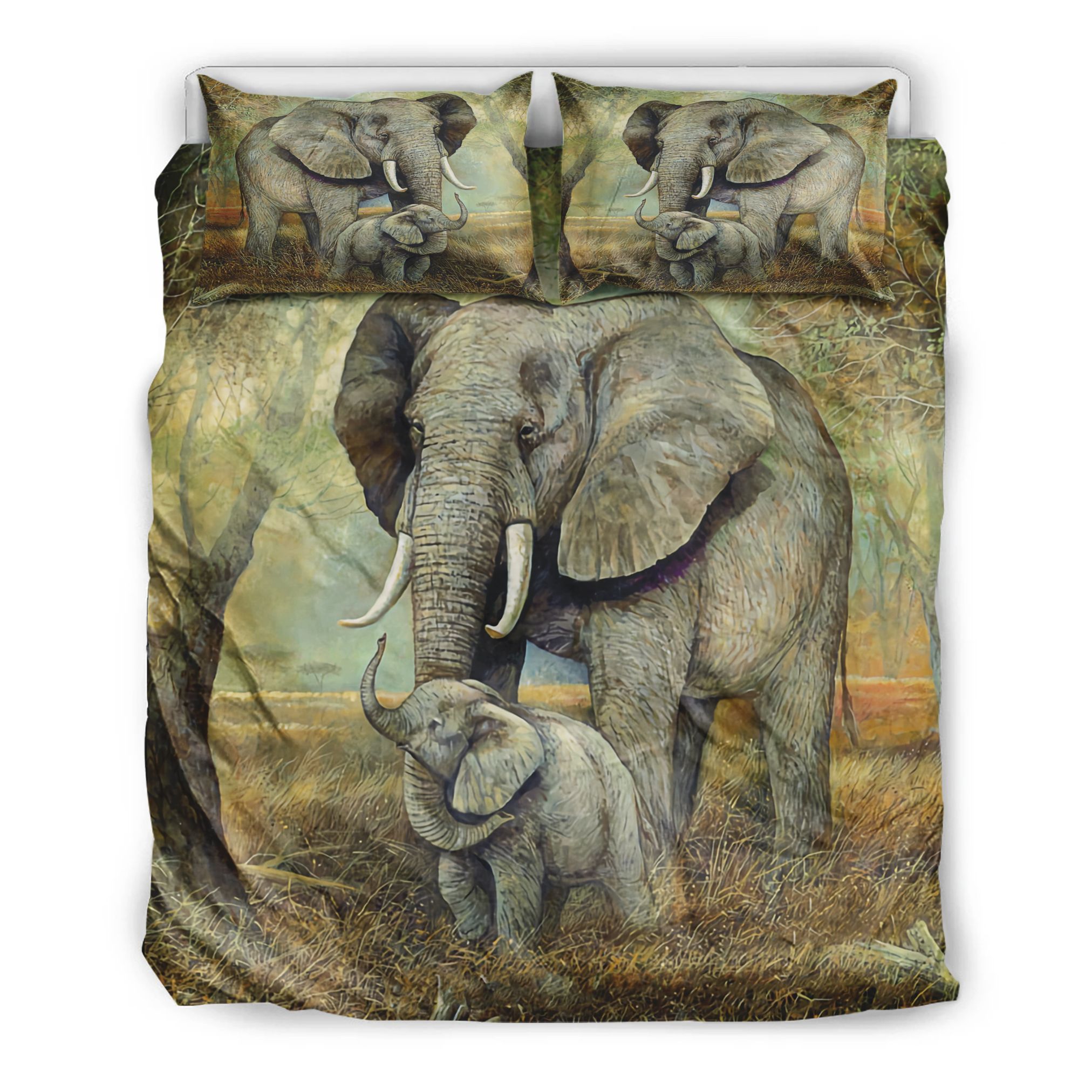 3D Elephant Mom And Baby In The Forest Painting Cotton Bed Sheets Spread Comforter Duvet Cover Bedding Sets