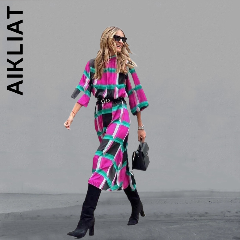 Aikliat New Dress Women Print Long Dress New High Neck 3/4 Sleeves Women Fashion Dresses Stylish Leisure Woman Vestidos Female alx