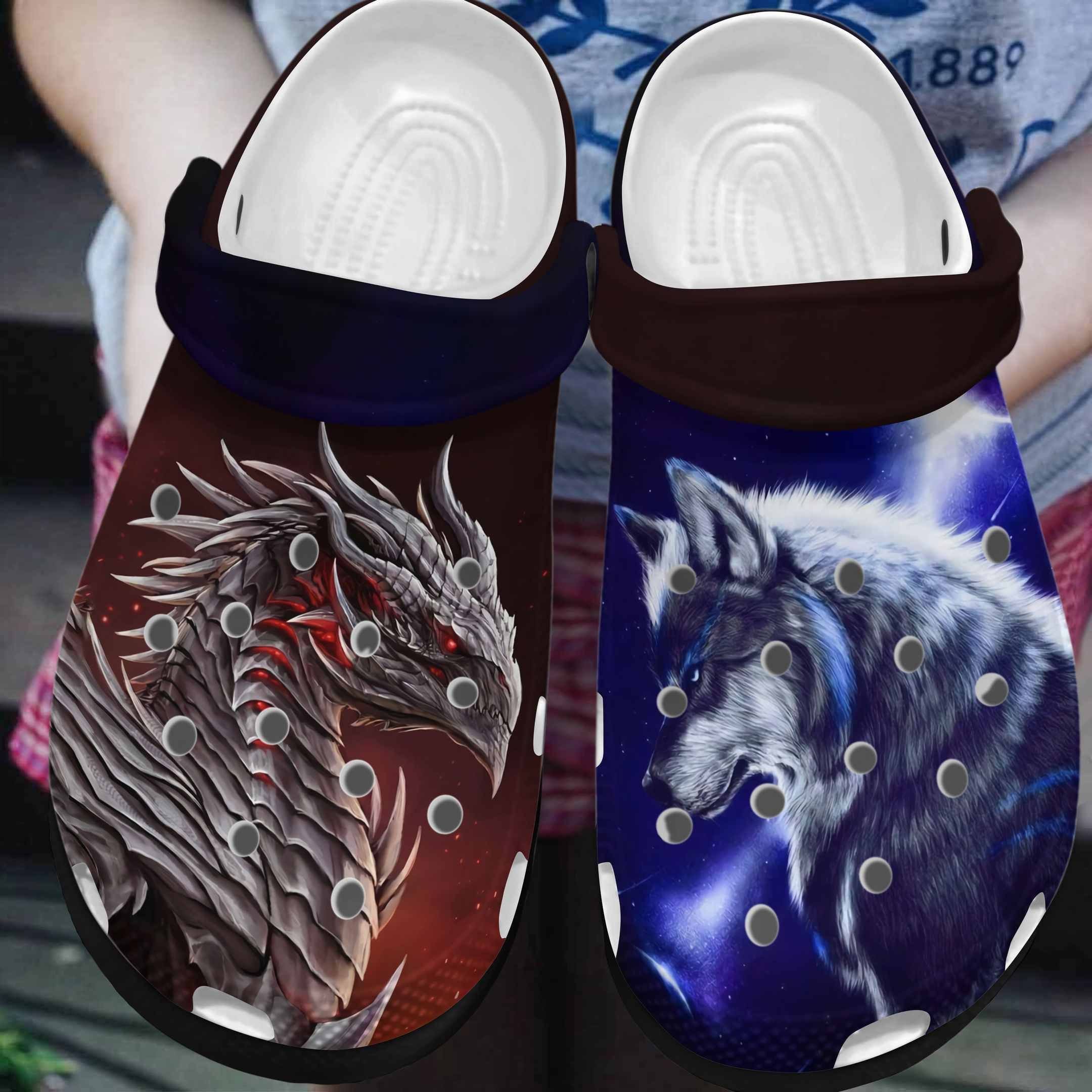 Strong Dragon And Wolf Shoes – Wolf Crocbland Clog Birthday Gifts For Men Son