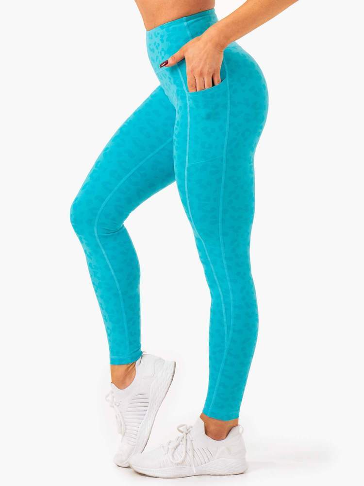 Ultra High Waisted Full Length Leggings Aqua Leopard