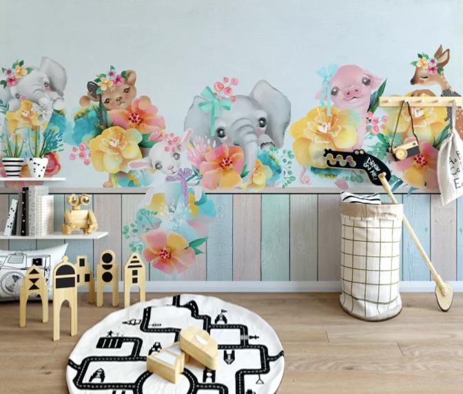 3D Hand Painted Animal Flowers Wall Mural Wallpaper 270