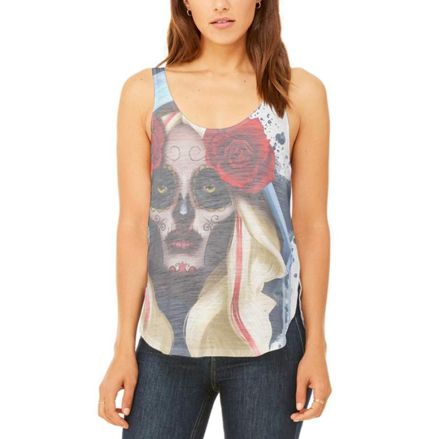 Candy Skull Girl Deadly Kiss Juniors Flowy Side Slit Tank Top