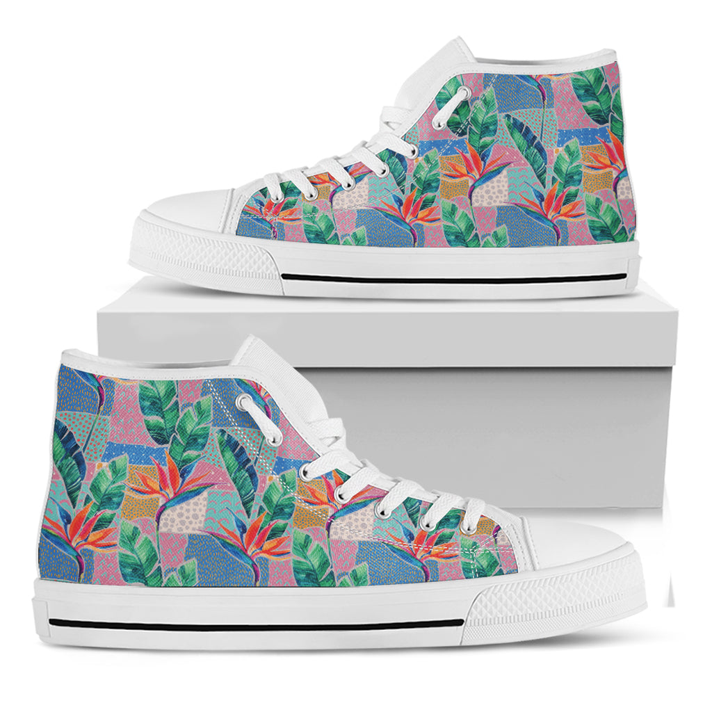 Watercolor Tropical Patchwork Print White High Top Shoes