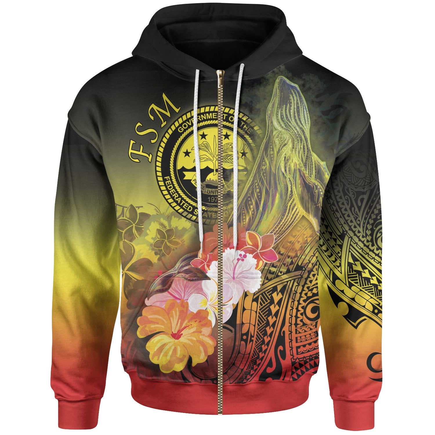 Fsm Zip-Up Hoodie – Humpback Whale With Tropical Flowers (Yellow)