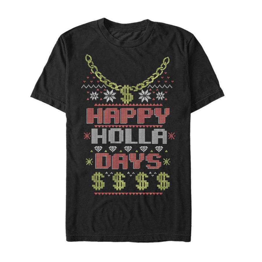 Lost Gods Men’s Ugly Christmas Happy Holla Days  T Shirt Black