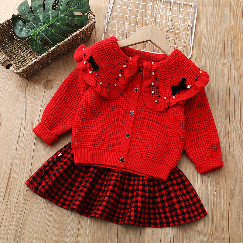 Children’s Sweater Two-piece Girls’ Clothing Knitted Suit Skirt Autumn and Winter New Girl’s Treasure Lapel Pearl Cardigan Coat alx