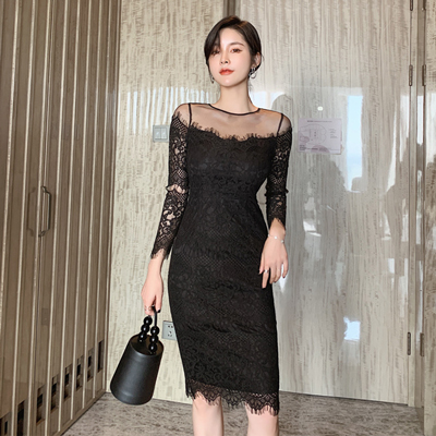 Lace Elegant Women Evening Dress Sexy Sheer Floral Embroidery O-Neck Skinny Slim Party Club Beach Vestidos Mujer Spring Autumn alx