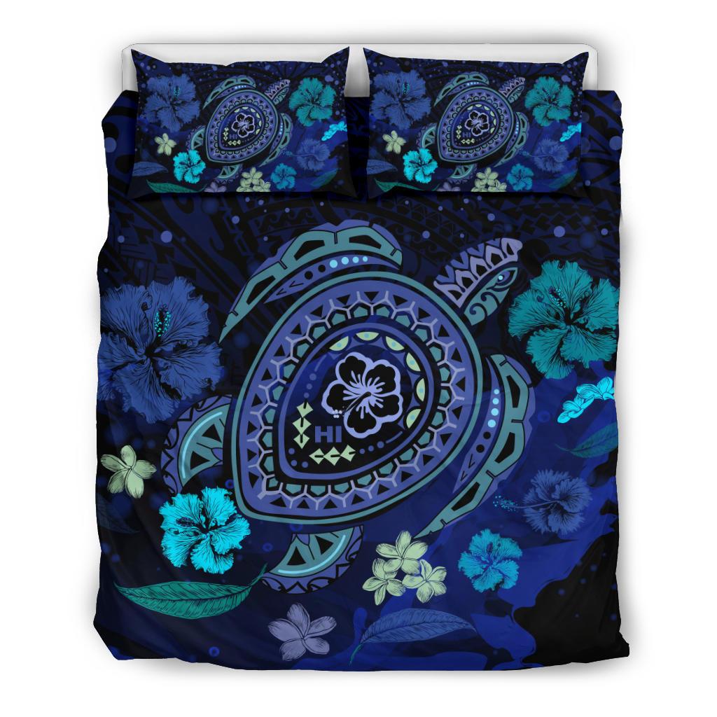 Hawaiian Bedding Set – Blue Ocean Honu And Flowers – AH J0