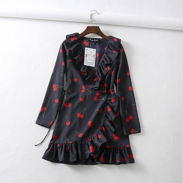 Vintage Sexy Long Sleeve Ruffles Mini Printed Dress