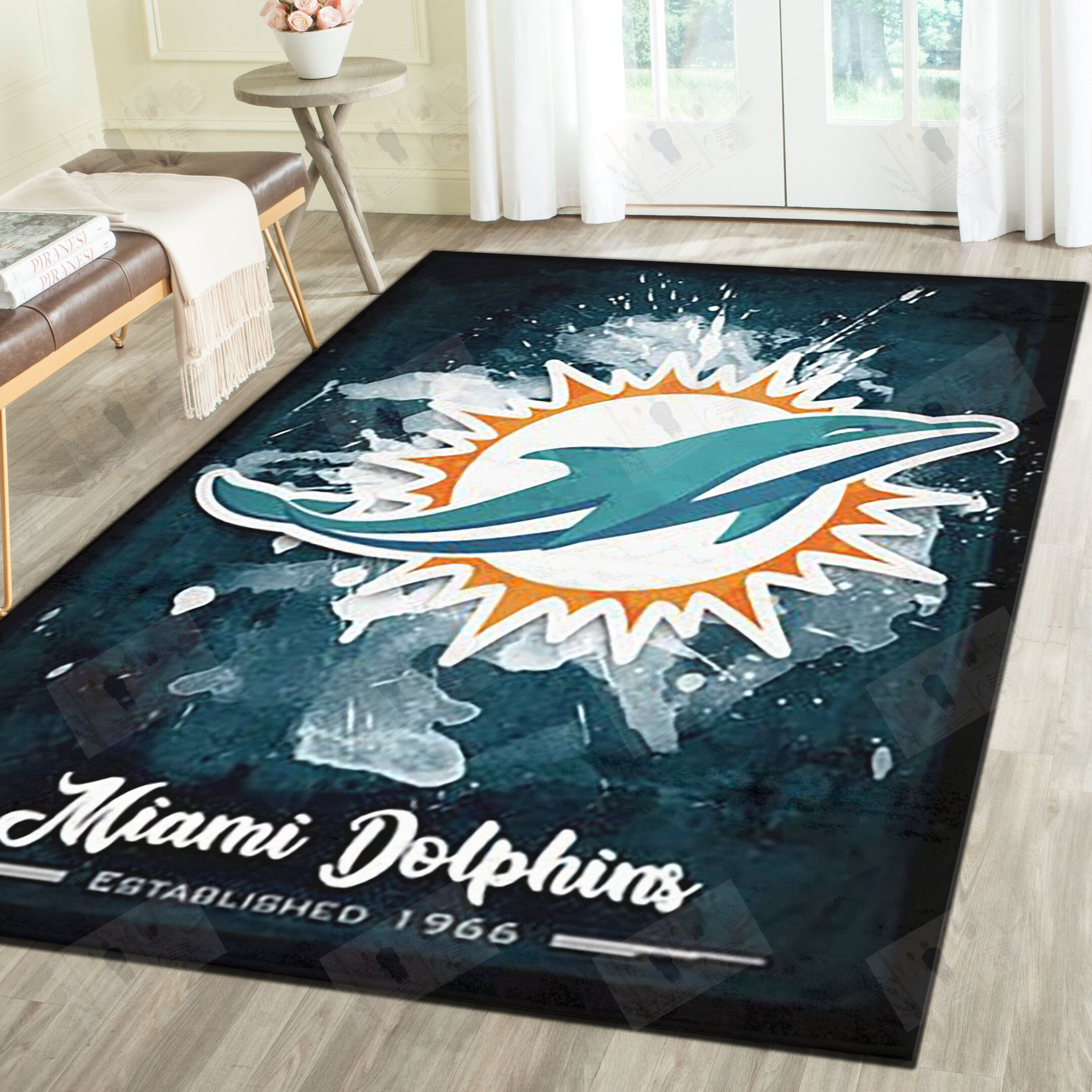 Miami Dolphins Area Rugs, Football Team Living Room Bedroom Carpet, Sports Floor Mat Home Decor