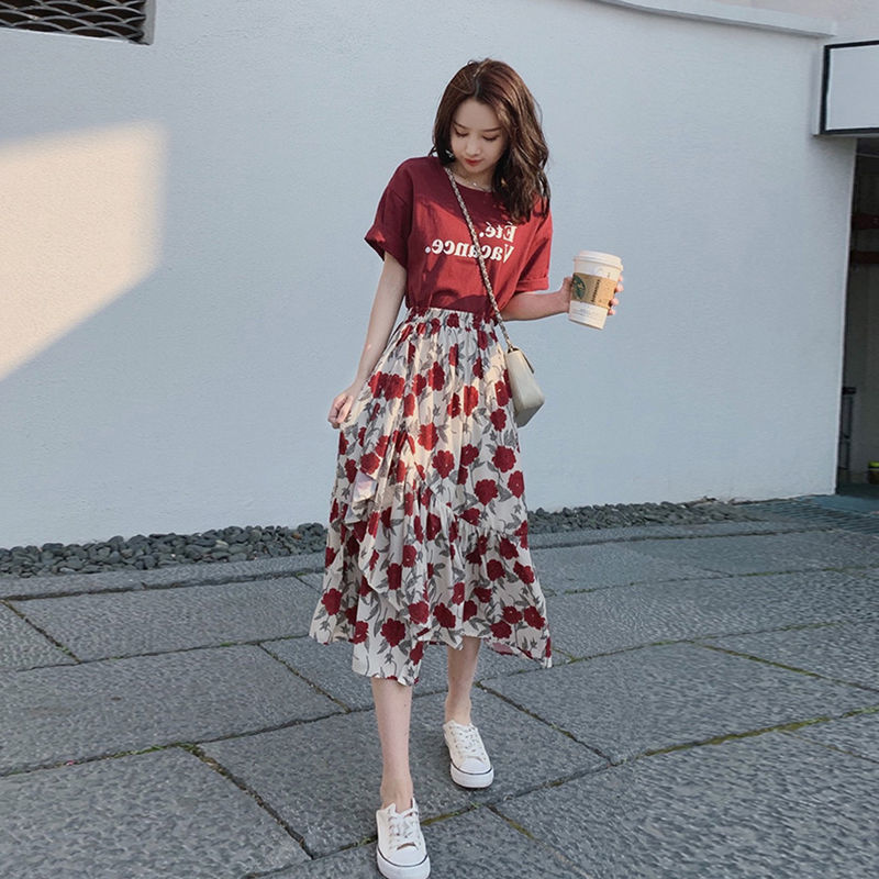 Summer Women Irregular T Shirt and Mesh Skirts Suits Female Print Tops Vintage Floral Skirt Set Ladies Elegant Two Piece Set A23 alx