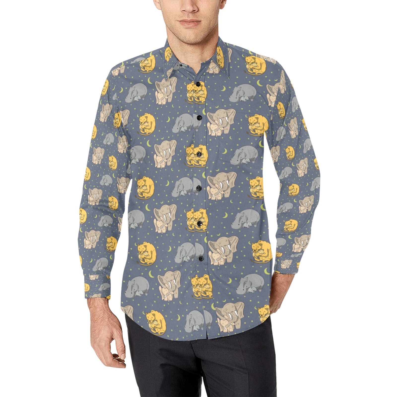 Safari Elephant Lion Print Design Lks303 Long Sleeve Dress Shirt