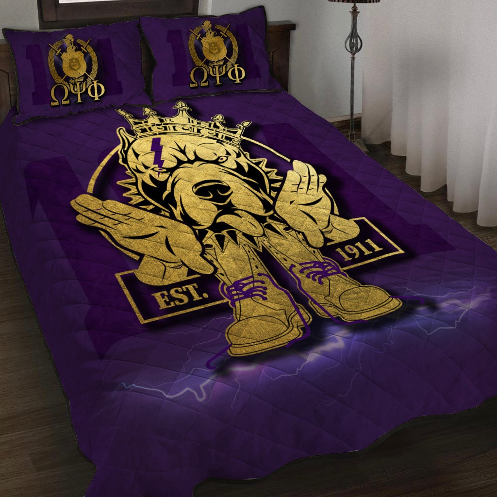 Greek Life Quilt Bed Set Omega Psi Phi Bulldog Crown Psi Hand Sign Army Boots Lt6