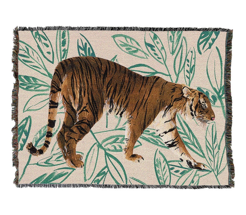 Tigre De Siberie Green Leaf Art Vintage Retro Style Couch Sofa Blanket,  Woven Throw Blanket Home Decor