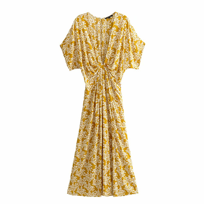 Boho Queens Fashion Yellow Floral Print V-neck Rayon Dress Beach Bohemian Ladies Tassel Lace-up Summer Maxi Dresses alx