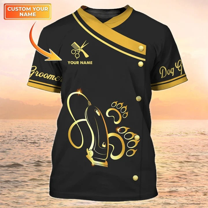 Dog Groomer Apparel Dog Grooming Custom T Shirt Grooming Uniform Black & Gold