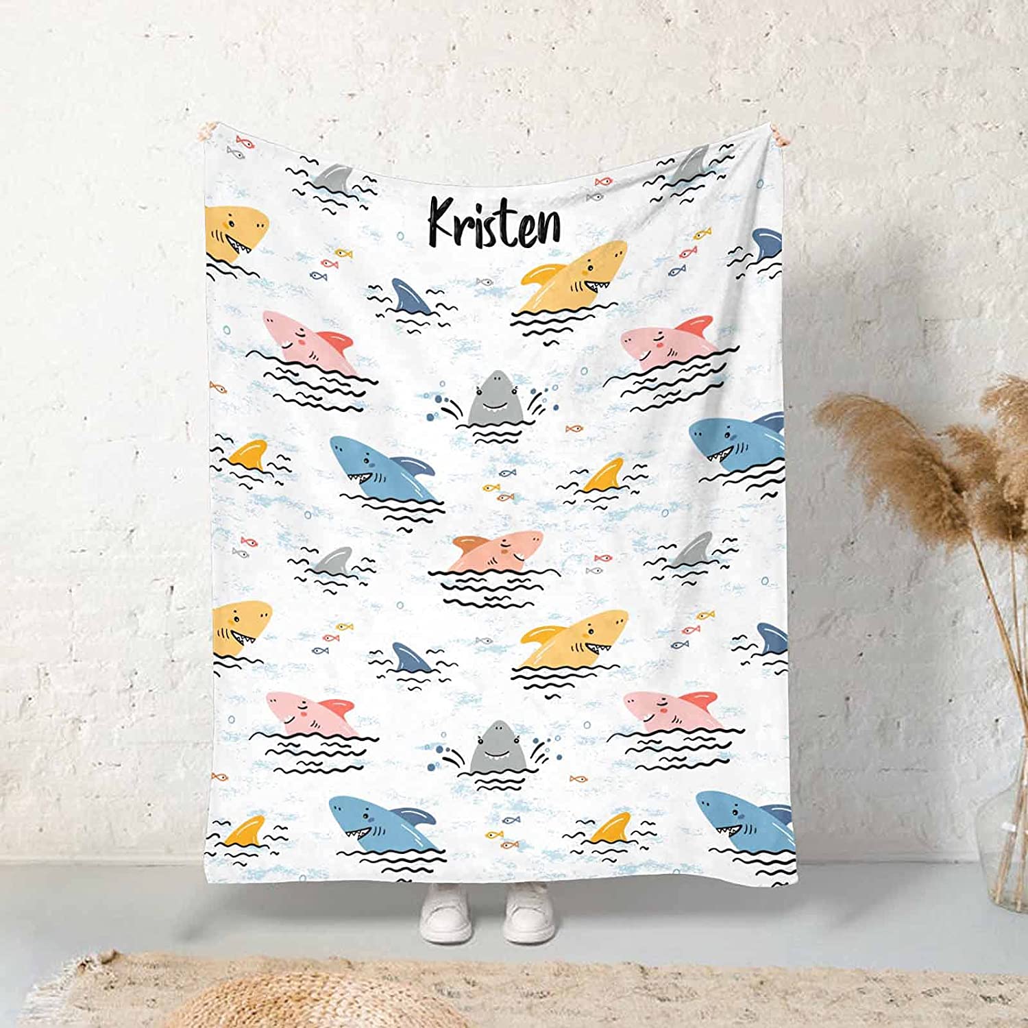 Custom Name Blankets For Baby Boys Girls – Baby Blankets With Shark Design For Kids – Funny Throw Blanket With Cute Animal