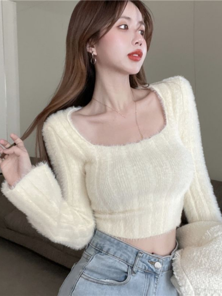 2022 Autumn Grunge Knitted Cropped Sweater Women Sexy Square Collar Fluffy Sexy Pullover Y2k Streetwear Solid Femme Chandails alx