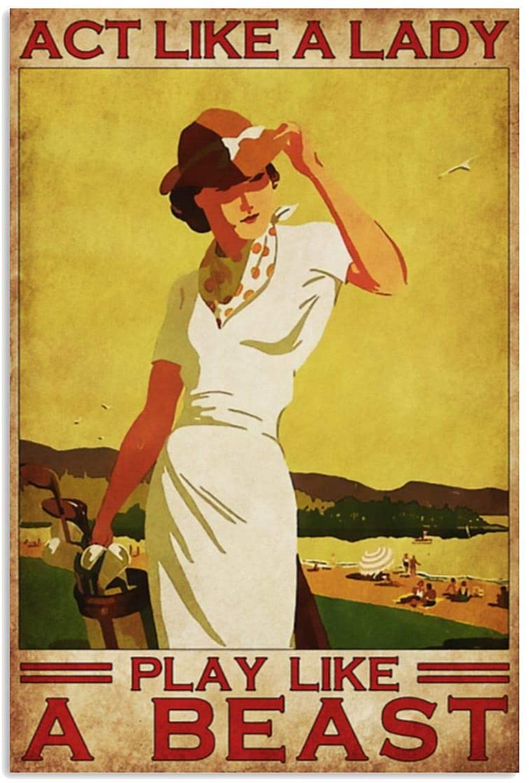 Vintage Woman Golf Play Like A Beast Poster Art Print      Home Decor Gift For Men Women Family Friend On Birthday Xmas