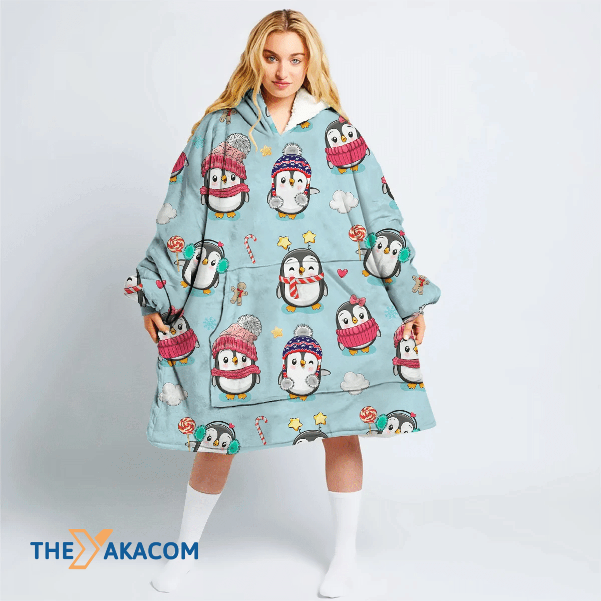 Christmas Winter Cute Cartoon Pink Penguins Hoodie Blanket