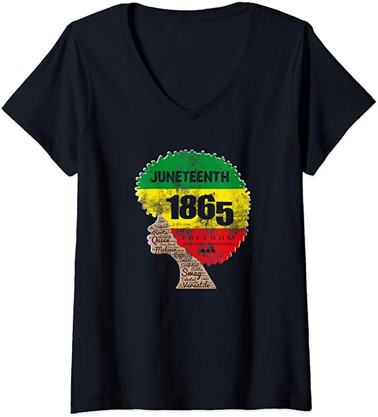 Womens Juneteenth African American Flag Melanin Afro Artwork Women V-Neck T-Shirt