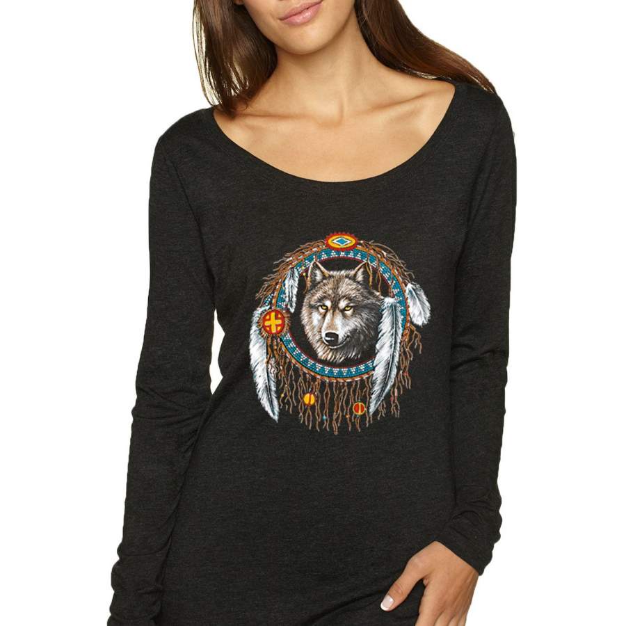 Wolf in Dream Catcher Animal Lover Womens Scoop Long Sleeve Top