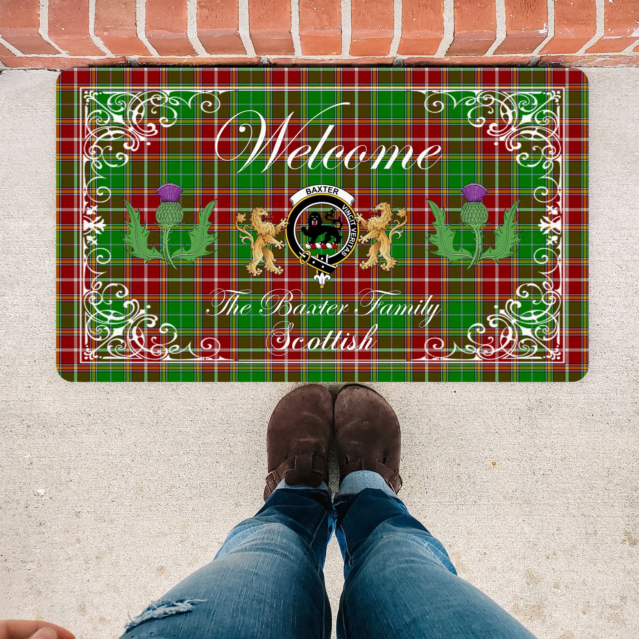 Scotstee Shop Tartan Door Mats Clan Baxter Modern Badge Tartan Thistle And Two Lion Scottish Plaid Doormat, Christmas Door Mat Gift