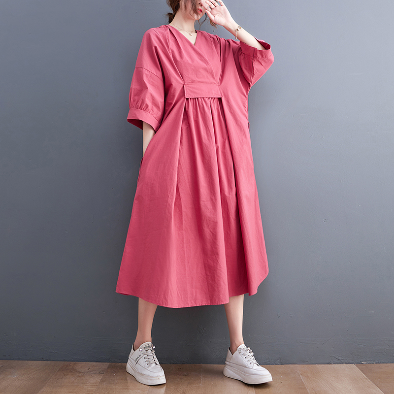 2022 New Arrival Japanese Style V-neck Loose Lazy Cozy Chic Girl’s Summer Dress Street Fashion Women Casual Midi Dress alx