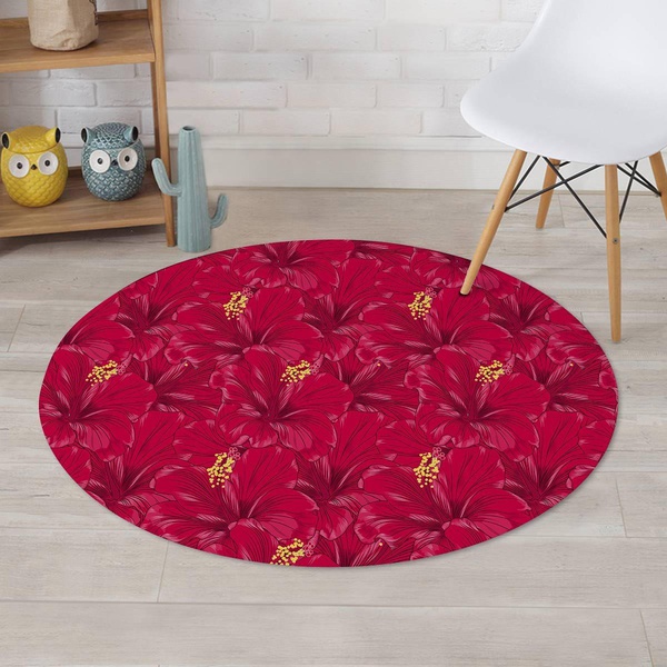 Exotic Hibiscus Flower Hawaiian Print Round Rug