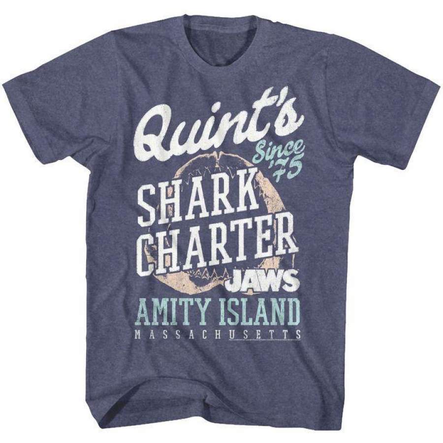 Jaws Quint’s Shark Charter Mens T Shirt Vintage Blue Heather