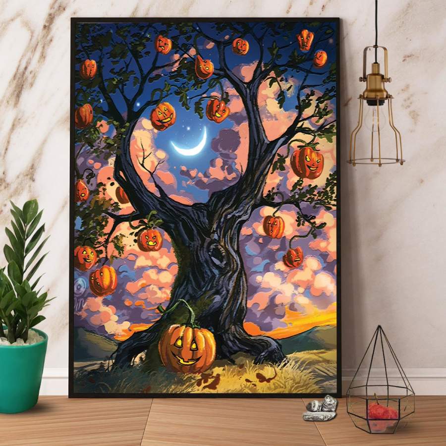 Scary pumpkin tree happy halloween art print painting paper poster no frame/ wrapped canvas wall decor full size