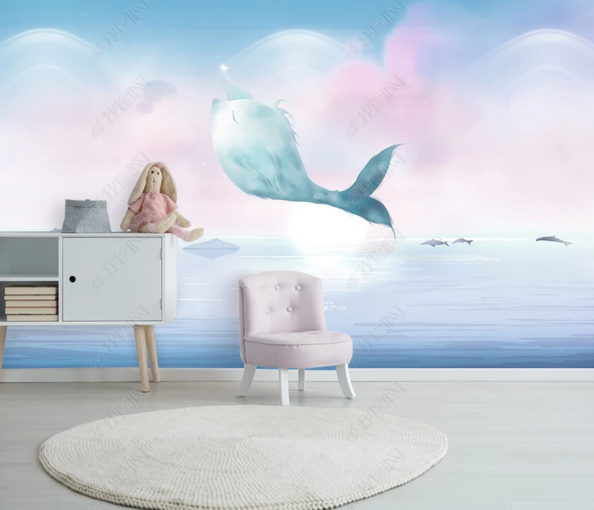 3D Hand-Painted Whale Sky Clouds Wall Mural Wallpaper Sww3200