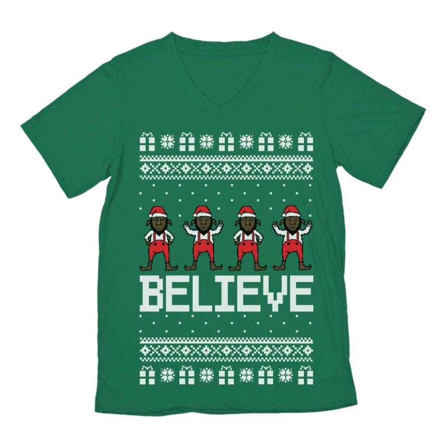 Believe Black Santa Elves Ugly Christmas Sweater V-Neck T-Shirt