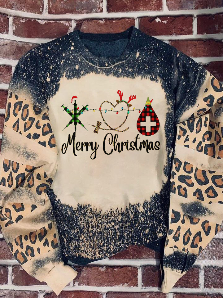 Tmarc Tee Merry Christmas Nurse Leopard Bleached Sweater