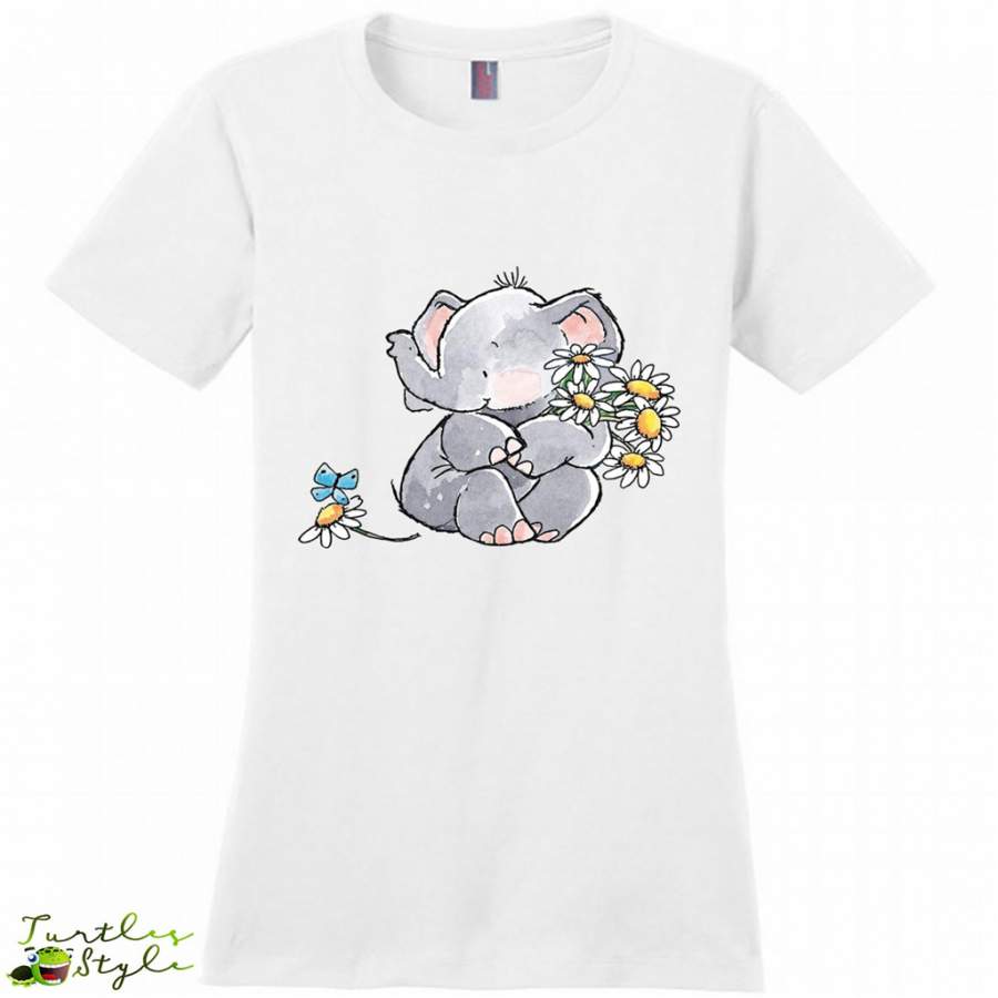 Watercolor Cute Baby Elephant With Butterfly and Flowers – District Made Women Shirt